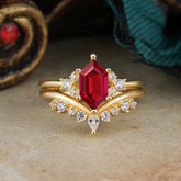 Luxury Vintage Classic 6-Prong Hexagonal-Cut Ruby Engagement Ring Set