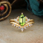 Luxury Vintage Classic 6-Prong Hexagonal-Cut Peridot Engagement Ring Set