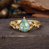 Luxury Nature-Inspired 3-Prong Pear-Cut Natural Moss Agate Engagement Ring