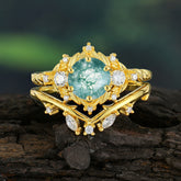Fashion-Exquisite 6-Prong Round-Cut Natural Moss Agate Engagement Ring Set