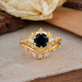 Fashion-Exquisite 6-Prong Round-Cut Natural Black Onyx Engagement Ring Set
