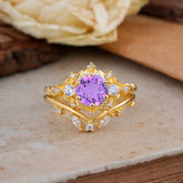 Fashion-Exquisite 6-Prong Round-Cut Natural Amethyst Engagement Ring Set