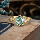 Luxury Nature-Inspired Oval Lab Diamond Alternative - Designer Natural Moss Agate Engagement Ring