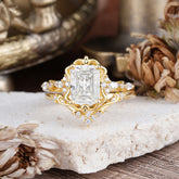 Vintage 4-Prong Emerald-Cut Moissanite Ring Set