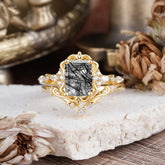 Vintage 4-Prong Emerald-Cut Black Rutilated Quartz Ring Set