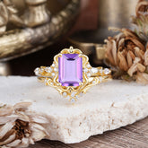Vintage 4-Prong Emerald-Cut Amethyst Ring Set