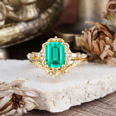 Vintage 4-Prong Emerald-Cut Emerald Ring Set