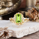 Vintage 4-Prong Emerald-Cut Peridot Ring Set