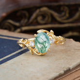 Contemporary Nature-Inspired 4-Prong Oval-Cut Natural Moss Agate Engagement Ring