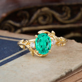Contemporary Nature-Inspired 4-Prong Oval-Cut  Emerald Engagement Ring