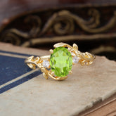 Contemporary Nature-Inspired 4-Prong Oval-Cut Natural Peridot Engagement Ring