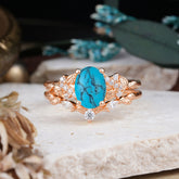 Nature-Inspired Luxury 4-Prong Oval-Cut Turquoise Engagement Ring Set