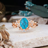 Nature-Inspired Luxury 4-Prong Oval-Cut Turquoise Engagement Ring Set