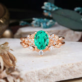 Nature-Inspired Luxury 4-Prong Oval-Cut Emerald Engagement Ring Set