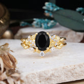 Nature-Inspired Luxury 4-Prong Oval-Cut Black Onyx Engagement Ring Set