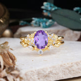 Nature-Inspired Luxury 4-Prong Oval-Cut Amethyst Engagement Ring Set