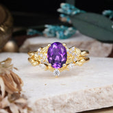 Nature-Inspired Luxury 4-Prong Oval-Cut Amethyst Engagement Ring Set