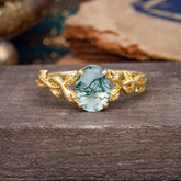 Nature-inspired Botanical Vine Entwined 4-Prong Oval-Cut Natural Moss Agate Engagement Ring