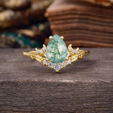 Nature and Moon-Inspired 4-Prong Pear-Cut Natural Moss Agate Engagement Ring