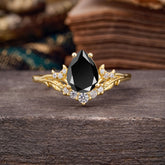 Nature and Moon-Inspired 4-Prong Pear-Cut Natural Black Onyx Engagement Ring
