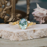 Fashion-Forward Oval Lab Diamond Alternative - Luxury 4-Prong Natural Moss Agate Engagement Ring