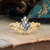 Luxurious Nature-Inspired 4-Prong Kite-Cut Natural Black Rutilated Quartz Engagement Ring Set