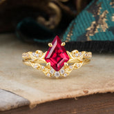 Luxurious Nature-Inspired 4-Prong Kite-Cut Natural Ruby Engagement Ring Set