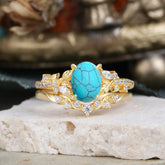 Vintage 4-Prong Oval-Cut Turquoise Engagement Ring Set
