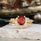 Vintage 4-Prong Oval-Cut Garnet Engagement Ring Set