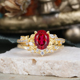 Vintage 4-Prong Oval-Cut Ruby Engagement Ring Set