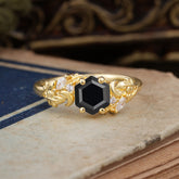 Fashion-Forward Hexagon Cut Natural Black Onyx Engagement Ring - 4-Prong Nature-Inspired Design