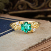 Fashion-Forward Hexagon Cut Natural Emerald Engagement Ring - 4-Prong Nature-Inspired Design