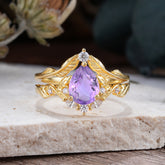 Nature-Inspired 3-Prong Tear-Cut Amethyst Engagement Ring Set