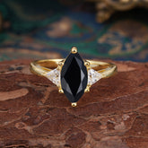 6 Prong Marquise Cut Three Stone Black Onyx Engagement Ring Anniversary Gift for Women