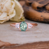 1 Carat Oval Moss Agate Engagement Ring Three Stone Wedding Ring
