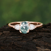 1 Carat Oval Lab Grown Moss Agate Engagement Ring Three Stone Wedding Ring