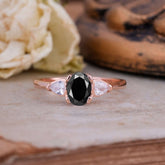 1 Carat Oval Black Onyx Engagement Ring Three Stone Wedding Ring