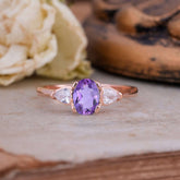 1 Carat Oval Amethyst Engagement Ring Three Stone Wedding Ring