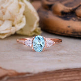 1 Carat Oval Aquamarine Engagement Ring Three Stone Wedding Ring