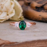 1 Carat Oval Emerald Engagement Ring Three Stone Wedding Ring