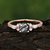 Round Cut 4 Prong Black Rutilated Quartz Engagement Ring Cluster Anniversary Ring