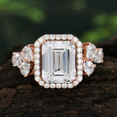 4CT Emerald Cut Moissanite Engagement Ring Vintage Classic Side Stones Halo Bridal Ring
