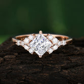 Dainty Princess Cut Moissanite Enagement Ring Vintage Side Stone Ring