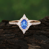 Vintage 4 Prong Oval Cut Sapphire Engagement Ring Cluster Pave Bridal Ring