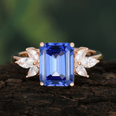 4CT Emerald Cut Sapphire Vintage 4 Prong Engagement Ring with Marquise Cluster