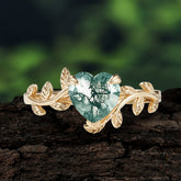 Unique Design Heart Cut 3 Prong Natural Moss Agate Leaf Engagement Ring