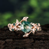 6 Prong Hexagon Cut Natural Moss Agate Vine Flower Ring