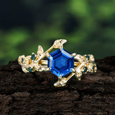 6 Prong Hexagon Cut Sapphire Vine Flower Ring