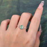 3 Prong Unique Pear Cut Natural Moss Agate Cluster Engagement Ring