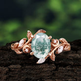 4 Prong Nature Inspired Leafy Vine Pear Cut Natural Moss Agate Engagement Ring